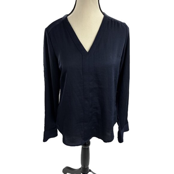 Express Womens Size XS Navy Blue V Neck Blouse Long Sleeve Career Work Top - Picture 1 of 6